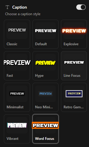 Caption style picker showing multiple caption font styles