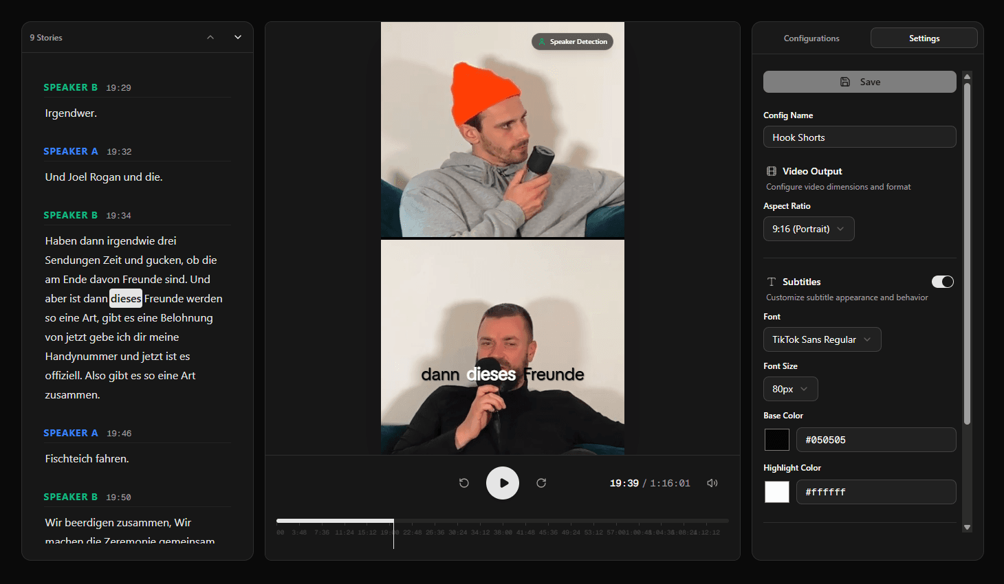 Loonacast Video Studio - Three-column layout with transcript, video preview with speaker detection and captions, and configuration panel
