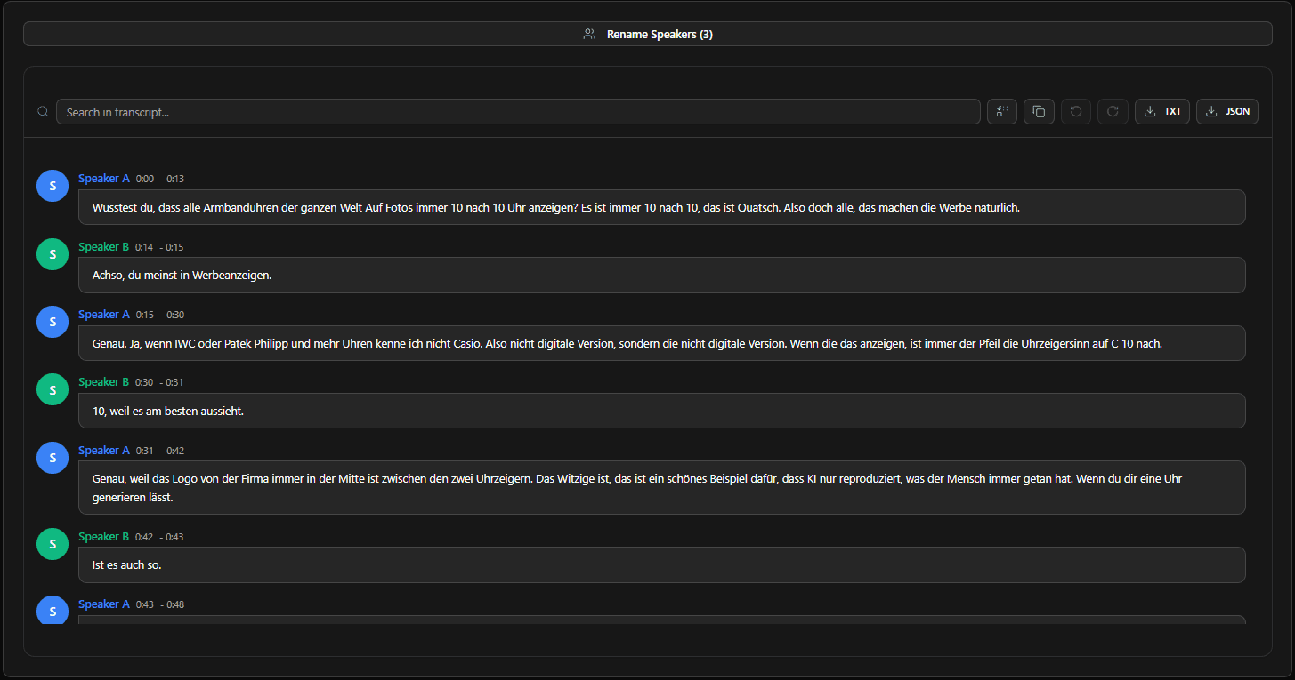 Loonacast Transcription - Chat-style transcript view with speaker detection, timestamps, search and export options