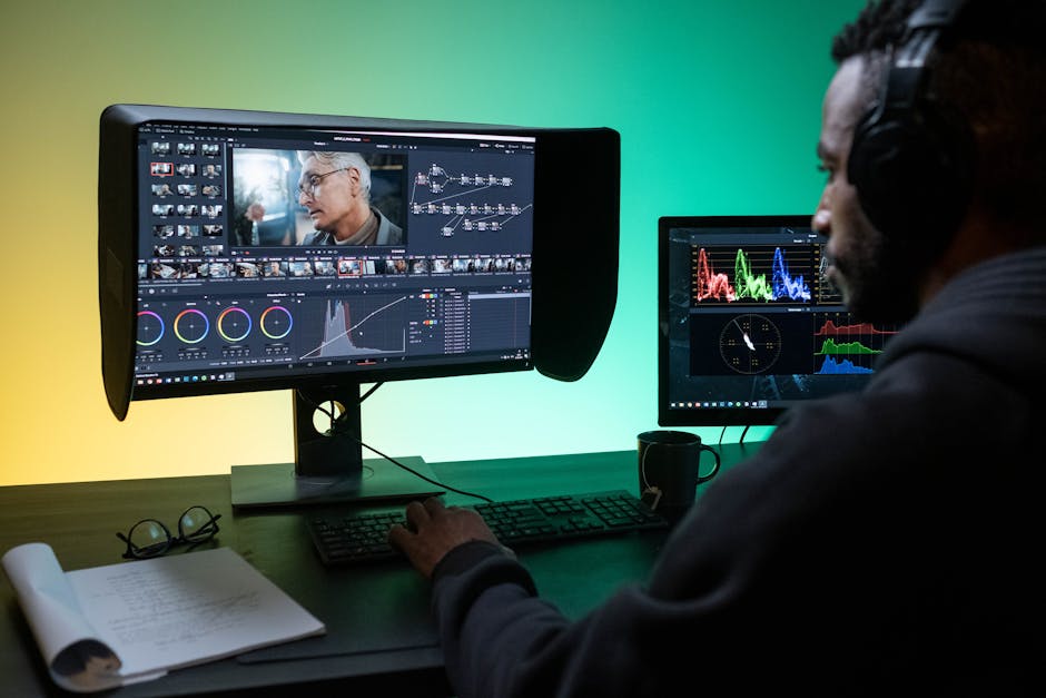 Producer reviewing interview notes and transcript highlights on a laptop beside a microphone