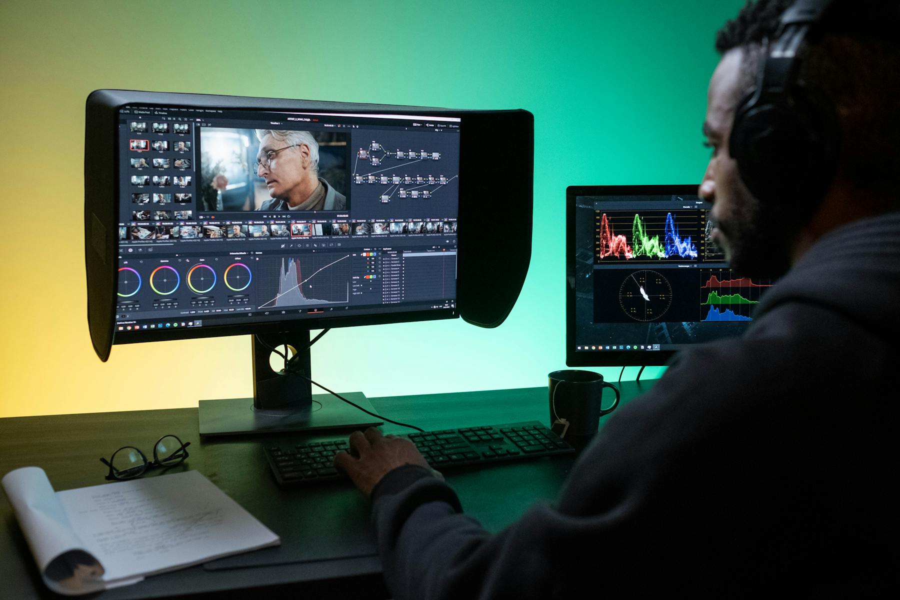 Editor reviewing video clips on dual monitors in a modern studio